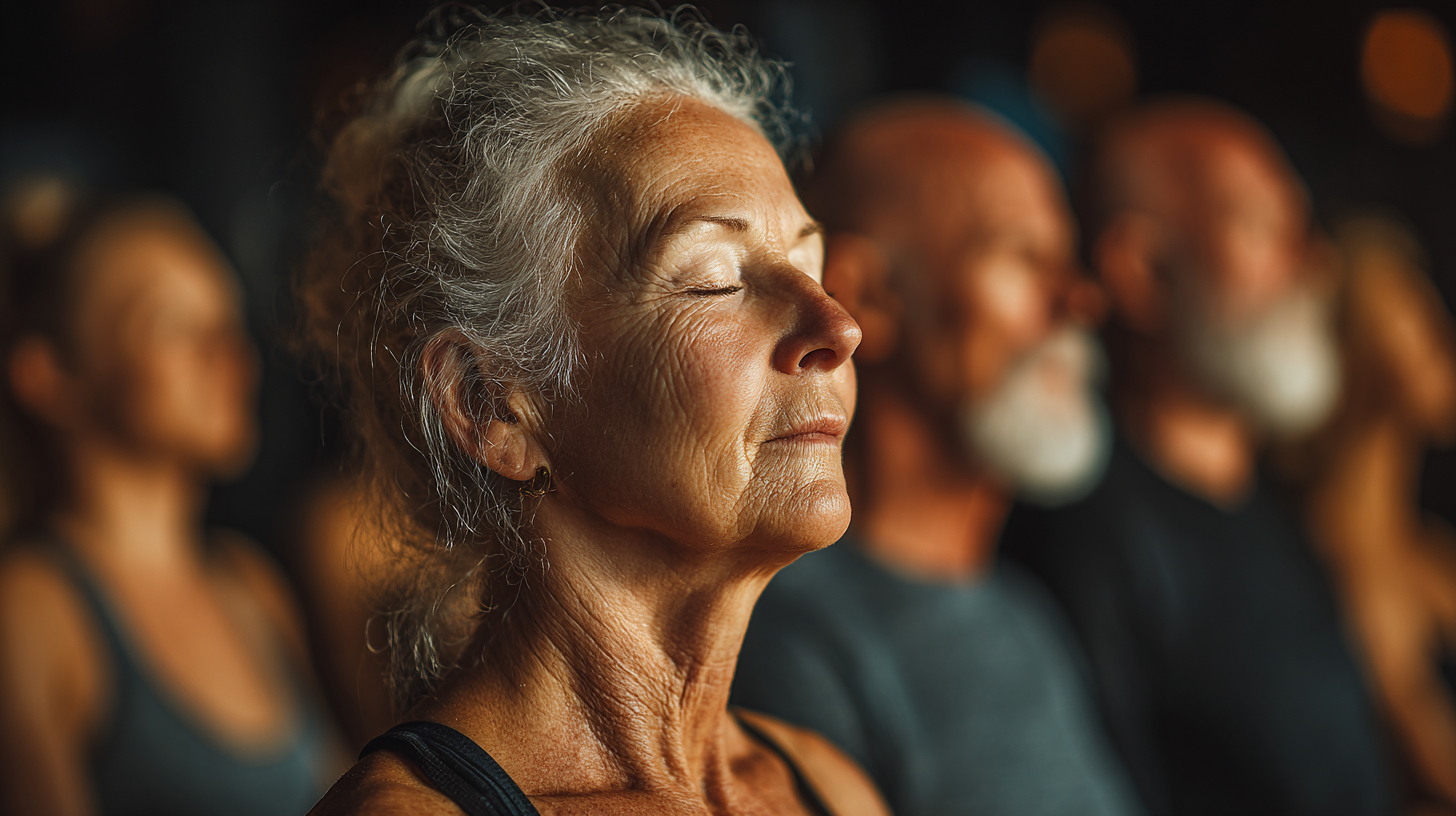 Senhora a praticar yoga suave numa postura relaxada